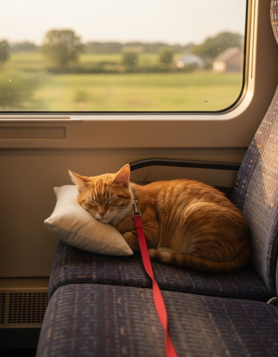 A ginger tabby cat sleeps curled on a train seat with a red leash still attached to her collar.