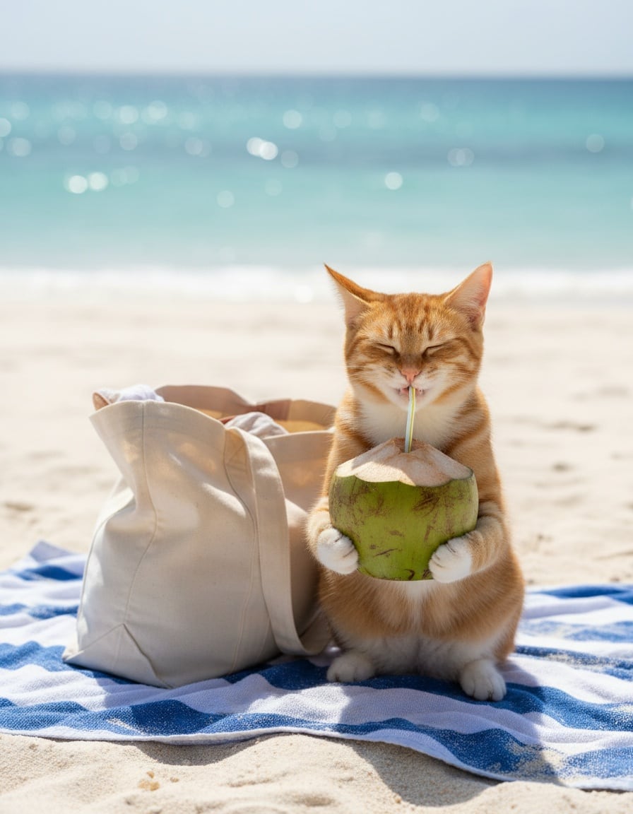 A ginger tabby cat on a sunny beach sips from a coconut with a straw beside a huge canvas tote bag.