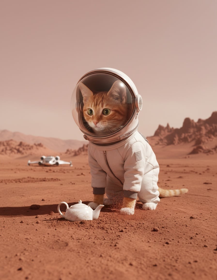 A ginger cat in a space helmet on the red planet Mars looks puzzled at a teapot in the dust.