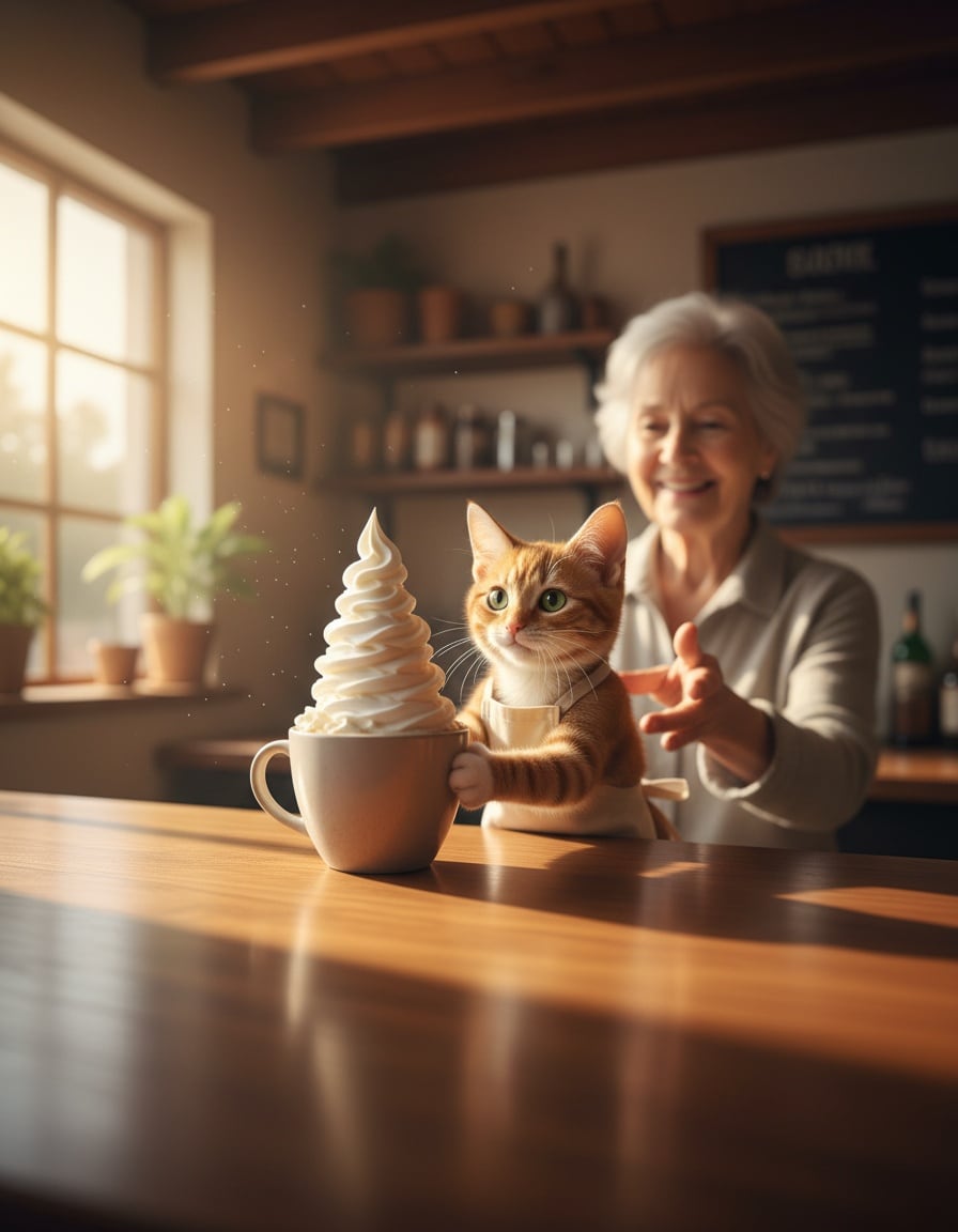 A ginger tabby cat barista serves a tall whipped-cream mocha to a smiling woman in a café.