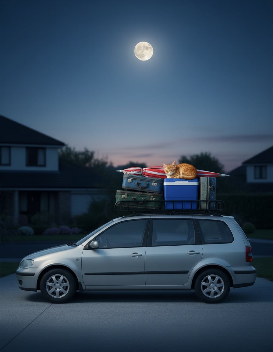 A ginger cat sleeps on top of a car loaded with luggage under the night sky.