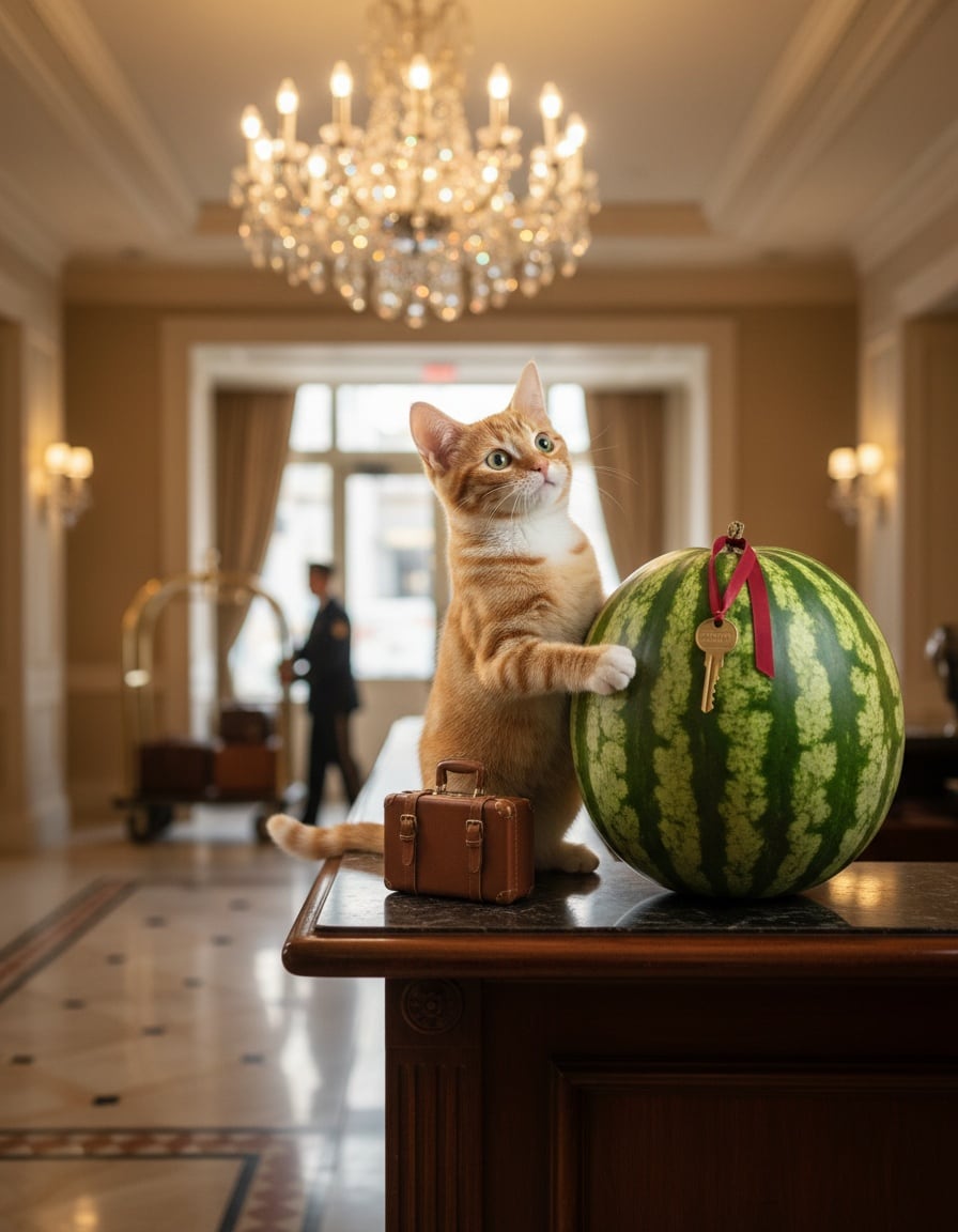 A ginger cat with a suitcase at a hotel reception desk receives a big melon with a room key.