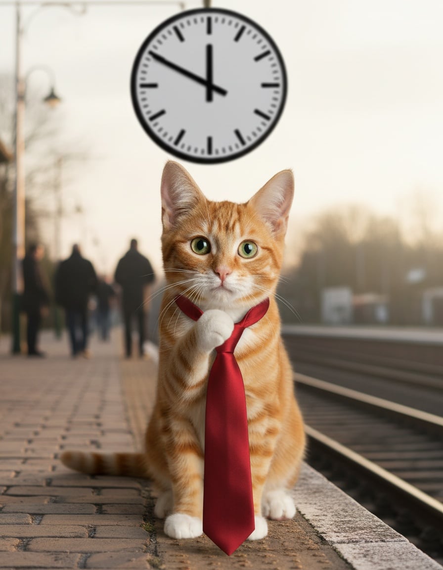 A ginger tabby cat in a red necktie waits on a train platform looking up at a big station clock.