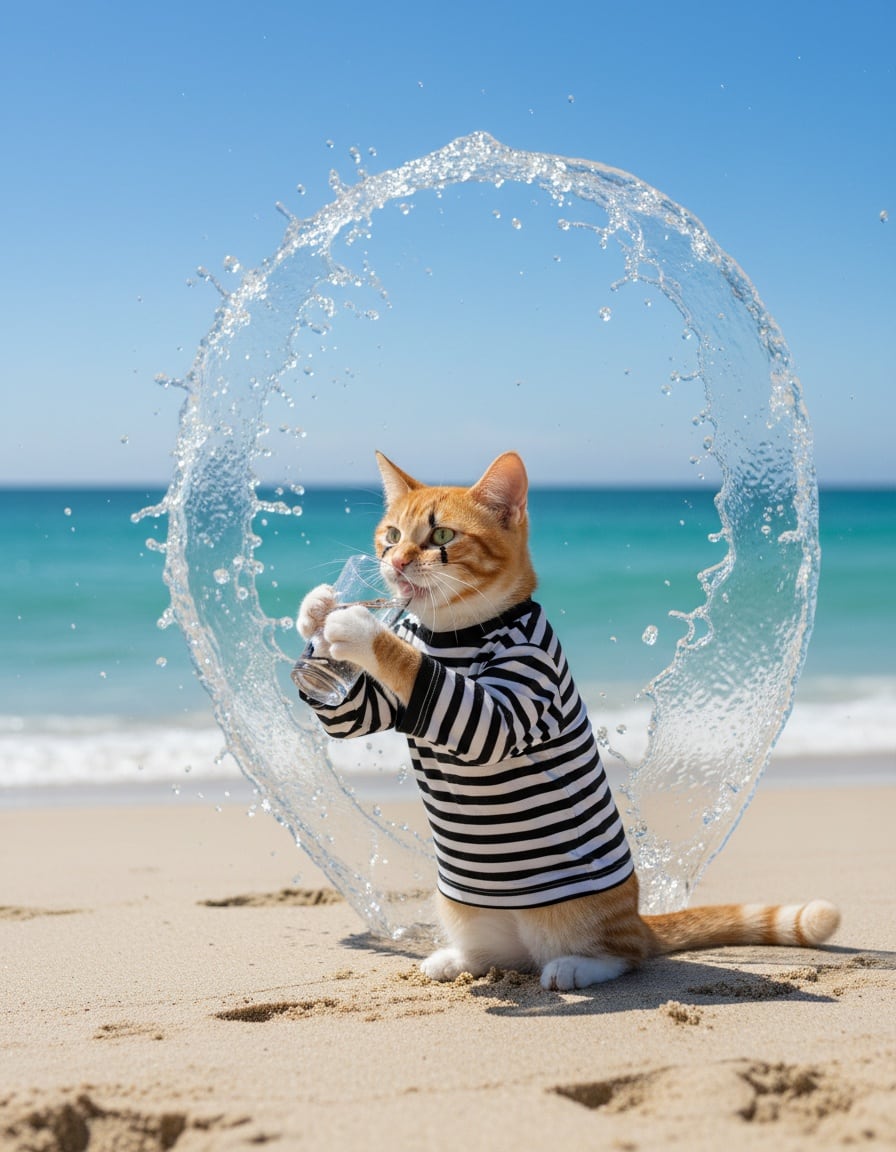 A ginger tabby cat dressed as a mime gets splashed by a wave of water on a beach.