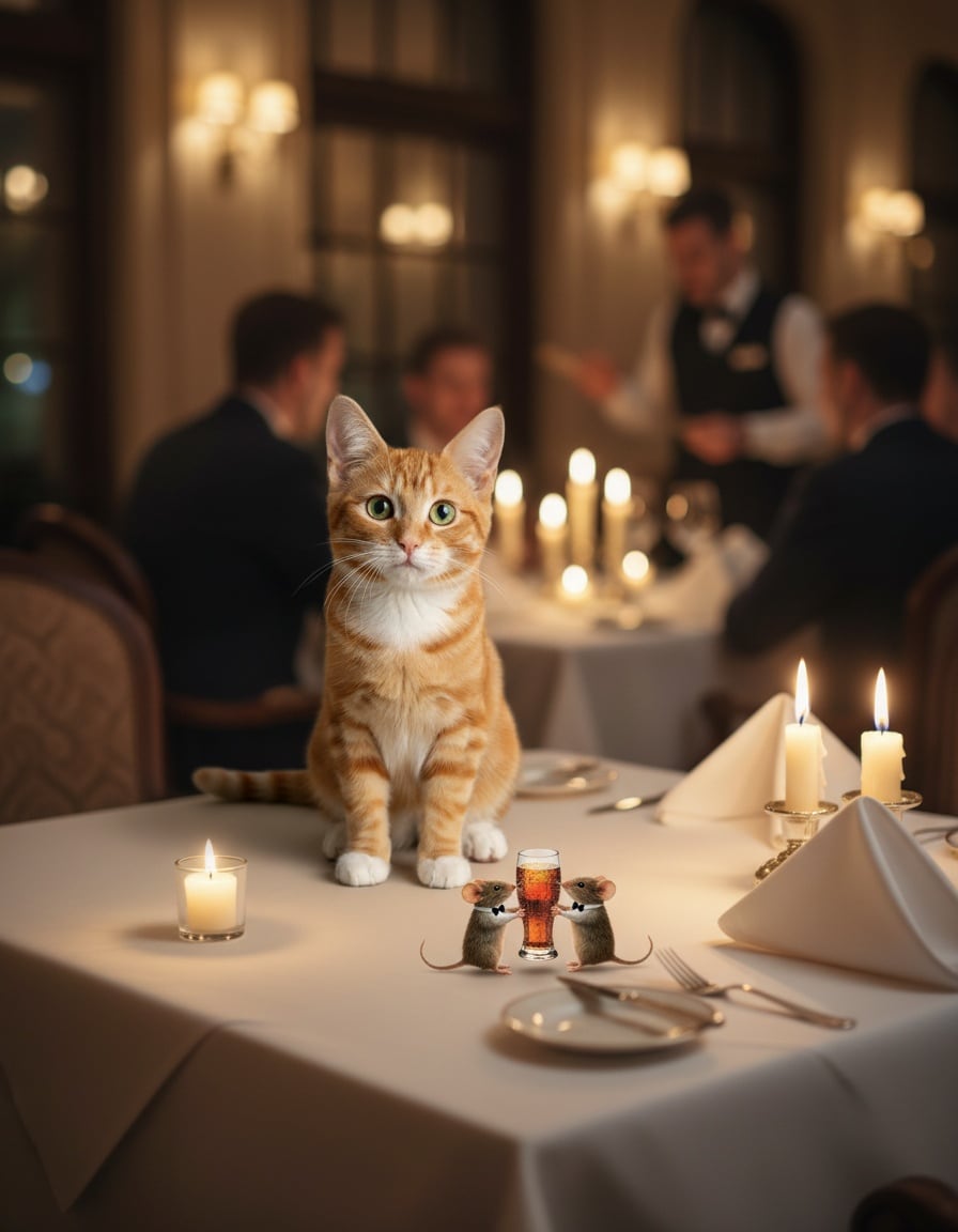 Two mice in bow ties serve a fizzy drink to a ginger cat at a restaurant table.
