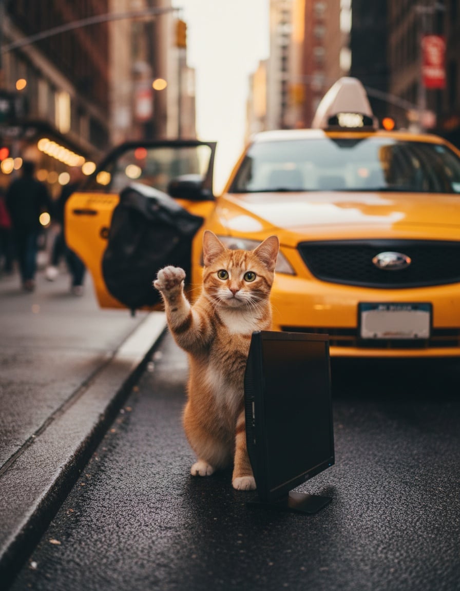 A ginger cat hails a yellow taxi on a city street while holding a huge computer monitor.