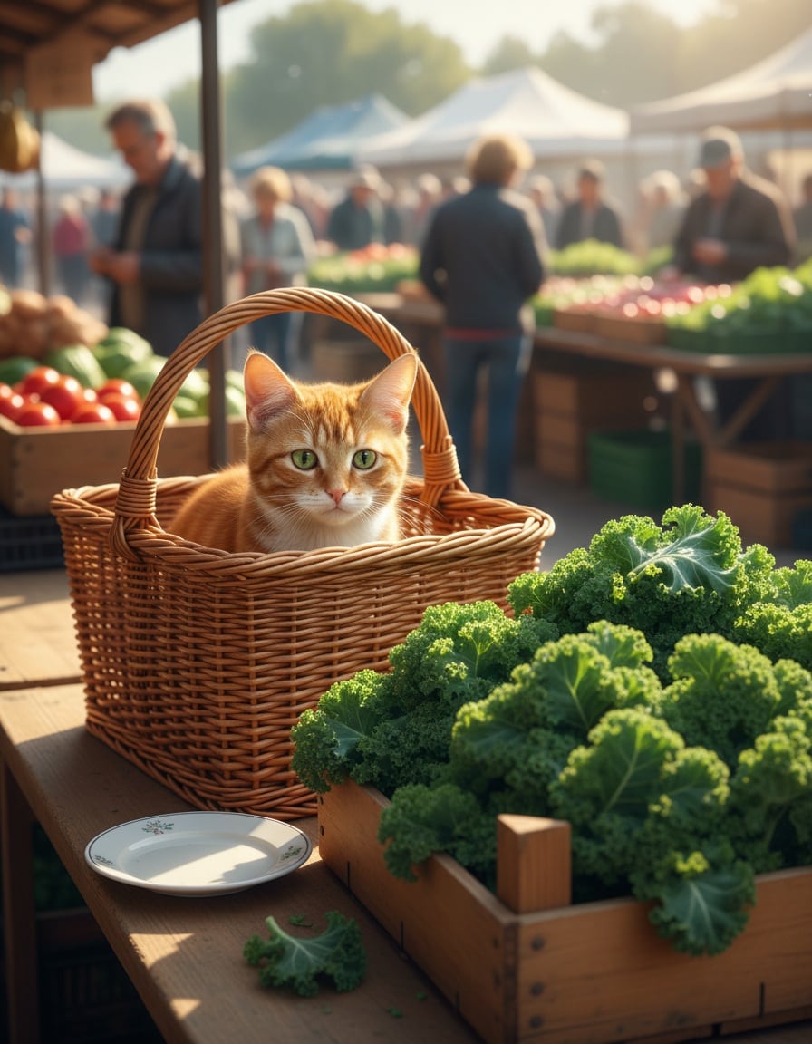A disappointed ginger tabby cat stares at a market stall piled with kale.