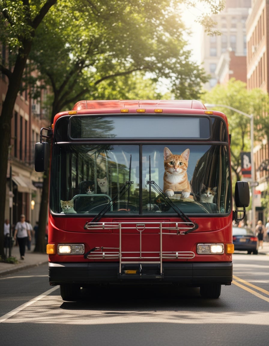 A ginger cat drives a red city bus full of kittens down a sunny street.