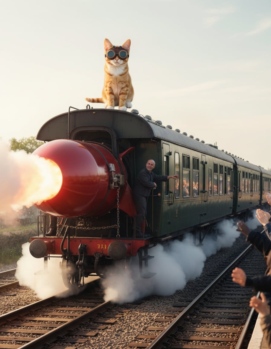 A ginger cat in goggles rides on top of a train pushed by a big red rocket.alt