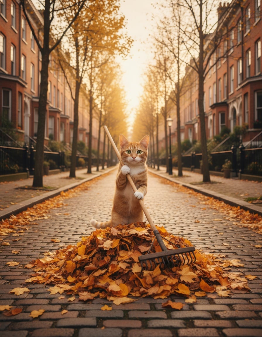 A ginger tabby cat uses a huge rake to clear autumn leaves from a long city street.