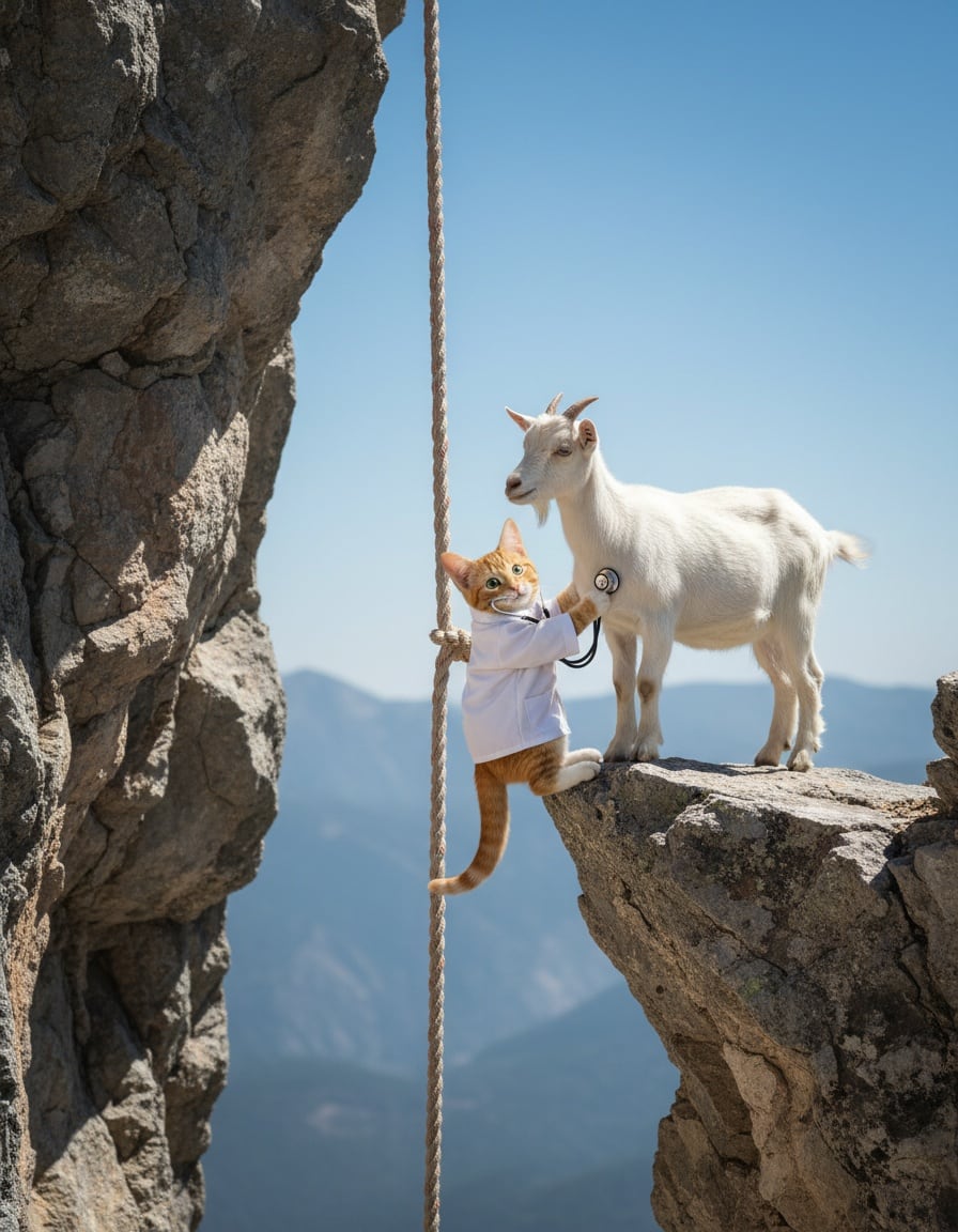 A ginger tabby cat in a doctor's coat hangs from a rope and listens to a goat's heartbeat on a cliff.
