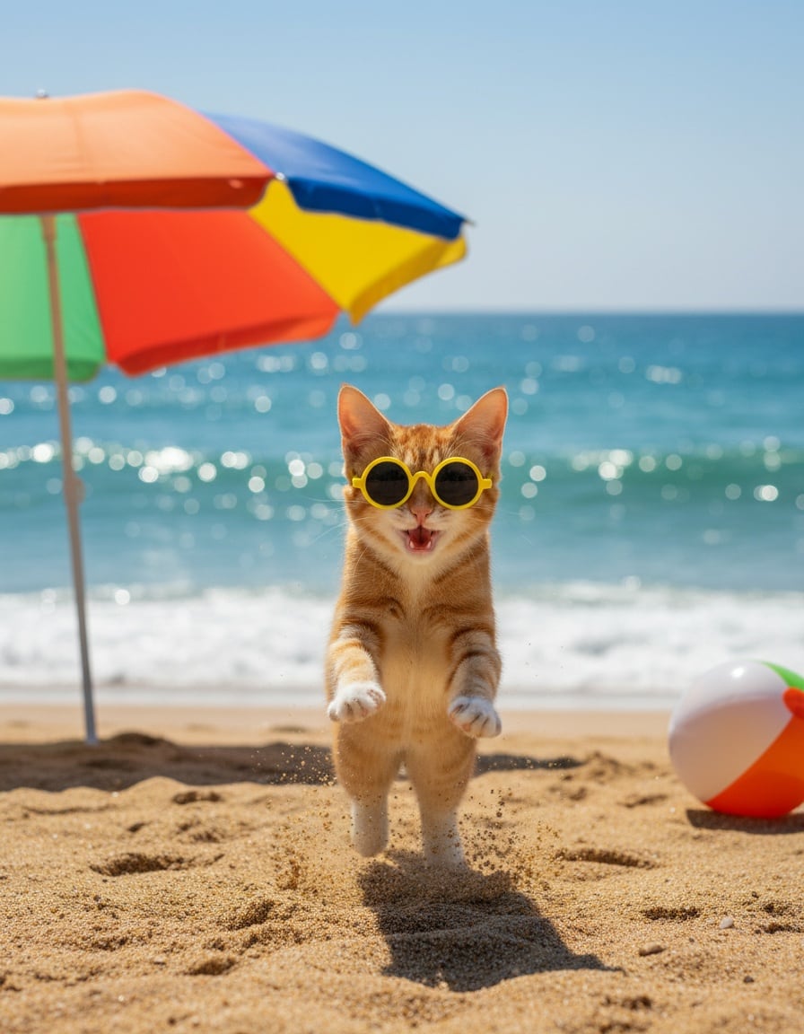 A ginger tabby cat in sunglasses jumps happily on a sunny beach.