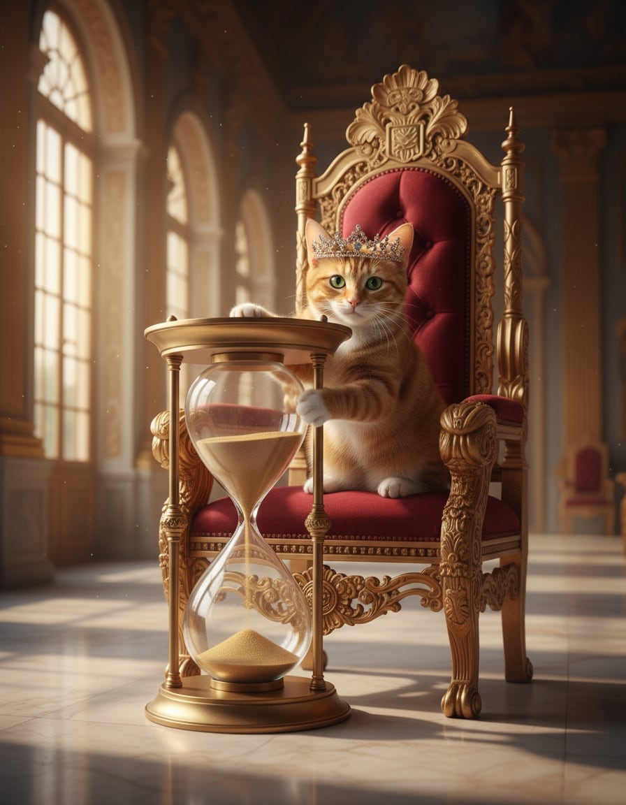 A ginger cat wearing a crown on a throne turns over a giant hourglass in a palace hall.