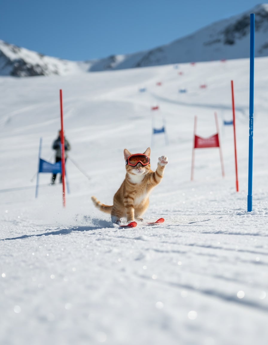 A ginger tabby cat on tiny skis weaves between slalom flags on a snowy slope, waving a paw at a passing skier.