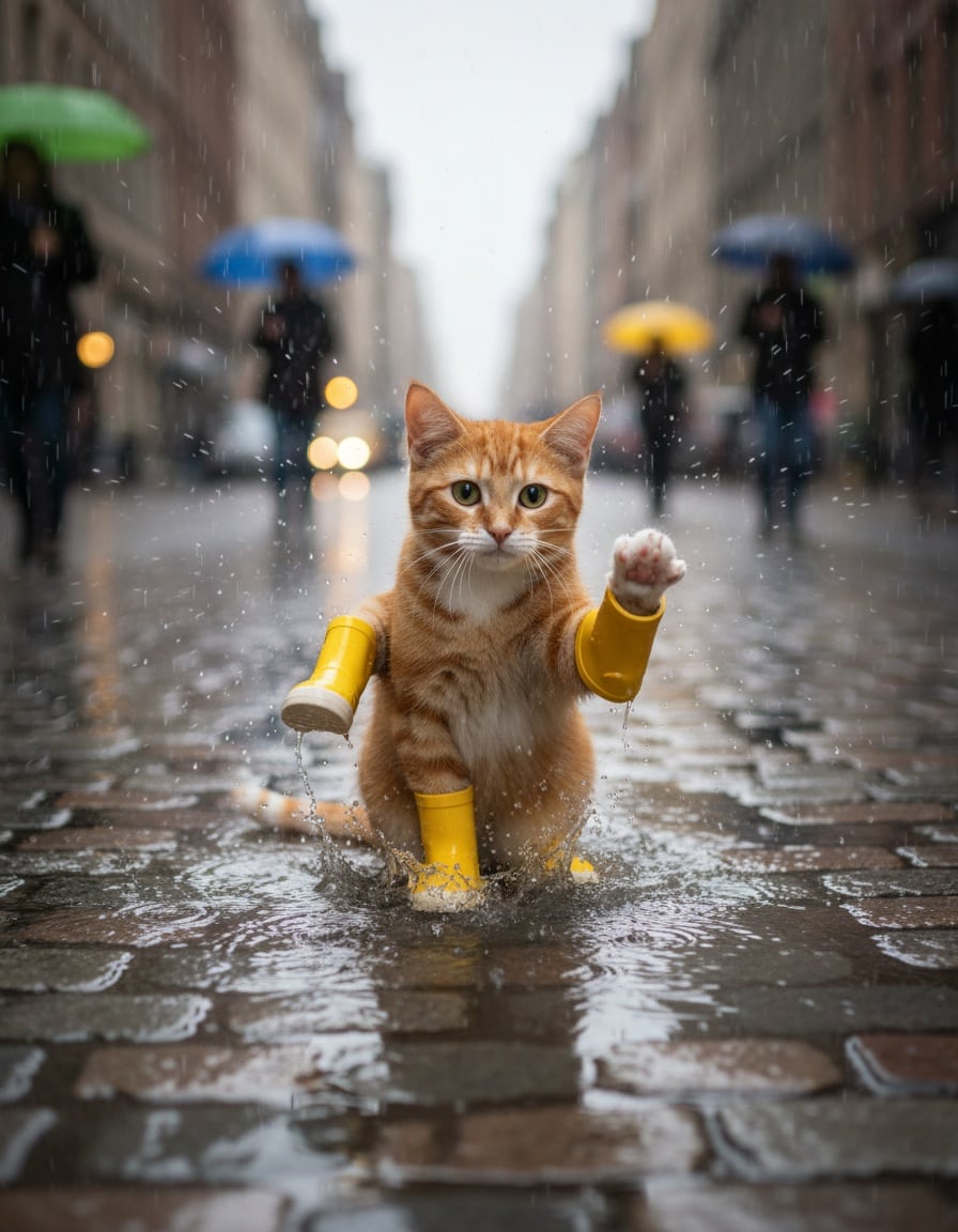 A ginger cat splashes through a rainy street wearing three yellow rubber boots, with one paw bare.