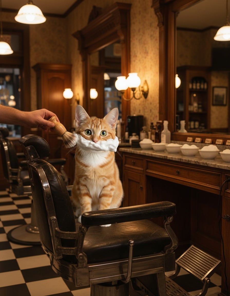 A ginger cat in a barber's chair with shaving foam on her face, next to a row of seven bowls.