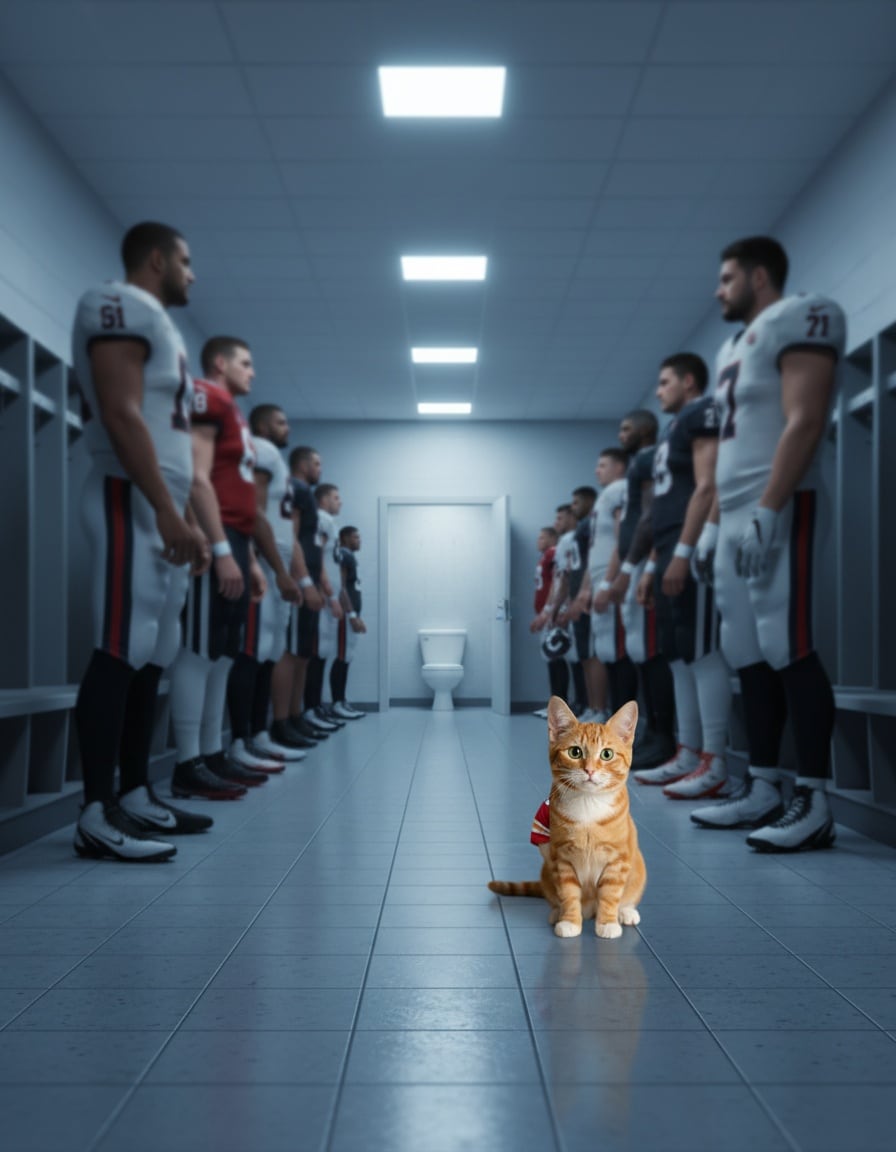 A ginger tabby cat in a football jersey waits at the end of a long line for one restroom.