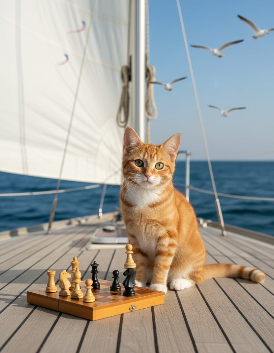 A ginger tabby cat plays chess on a sailboat deck with six pieces left on the board.