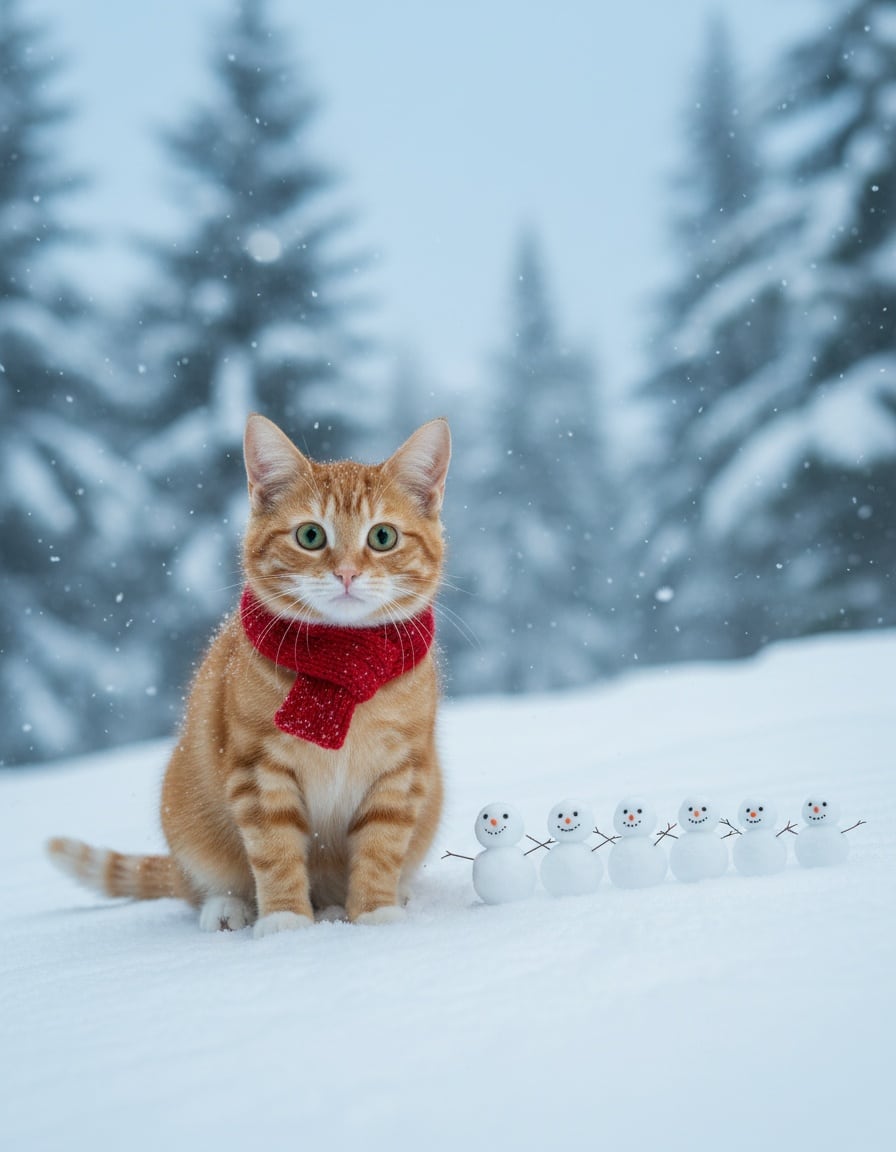 A shivering ginger cat stands beside a row of seven small snowmen in the snow.