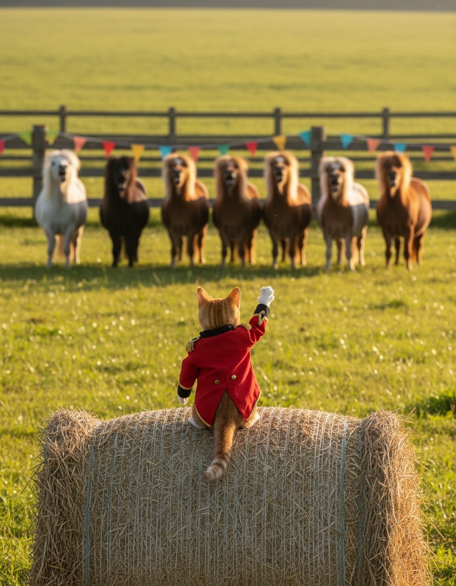 A ginger cat in a ringmaster jacket conducts a row of eight neighing ponies in a field.