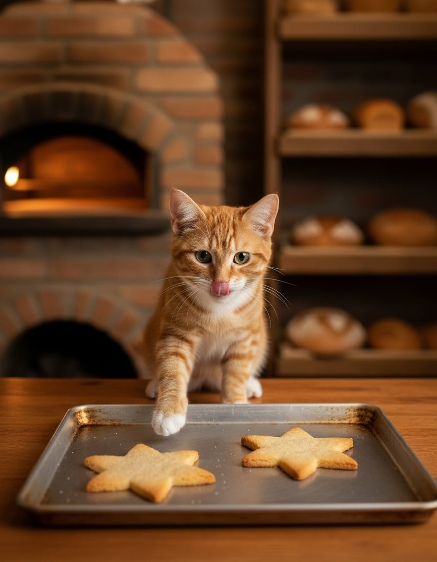A ginger tabby cat licks her lips over exactly two star-shaped cookies on a bakery tray.