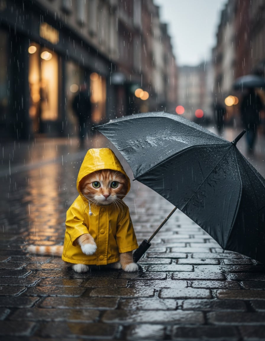 A ginger tabby cat in a yellow raincoat apologetically raises a paw after bumping into a person's umbrella on a rainy street.
