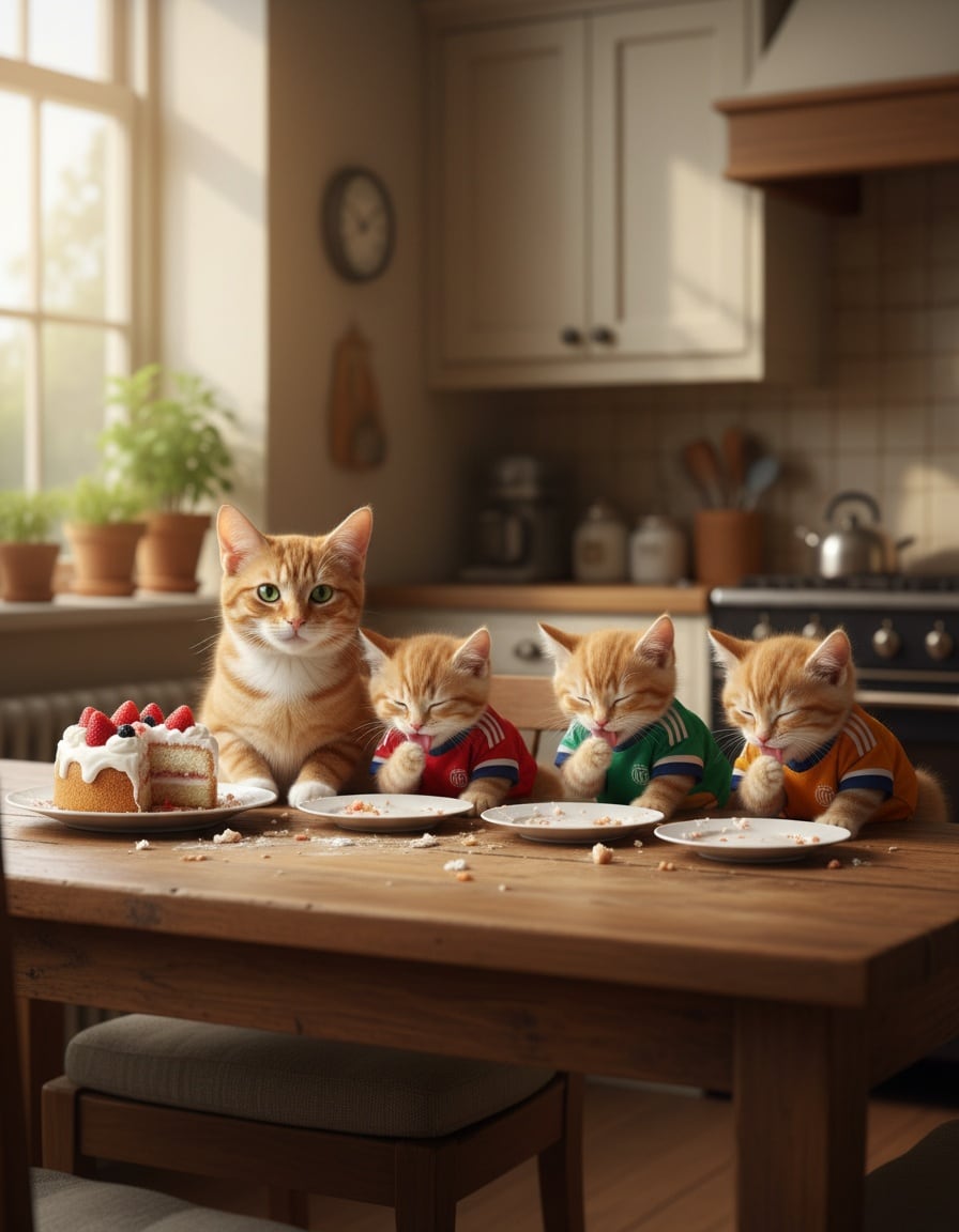 A ginger tabby cat and a team of kittens in jerseys happily lick their plates after eating cake.