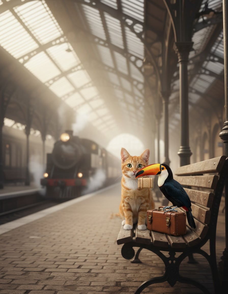 A ginger tabby cat and a toucan wait with suitcases on a train station platform as a train arrives.