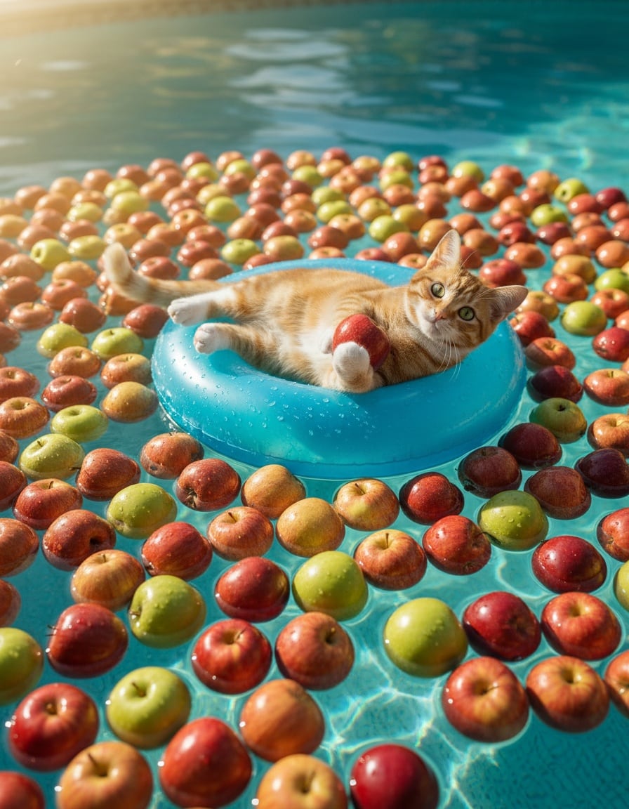 A ginger tabby cat floats on a lilo in a swimming pool full of apples.