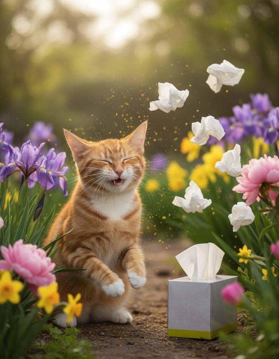A ginger cat sneezes in a flower garden while nine white tissues fly out of a tissue box.