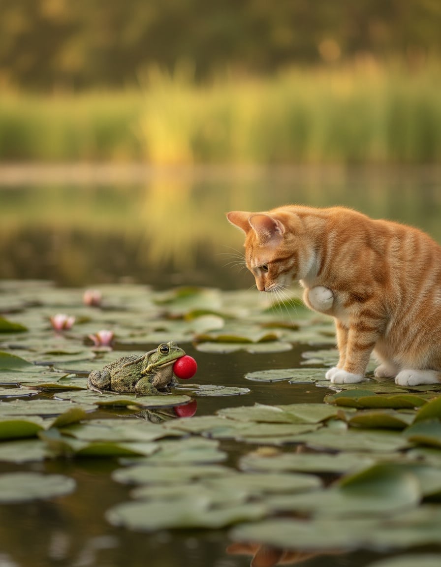 A ginger tabby cat bows gratefully to a toad holding her red ball beside a park pond.