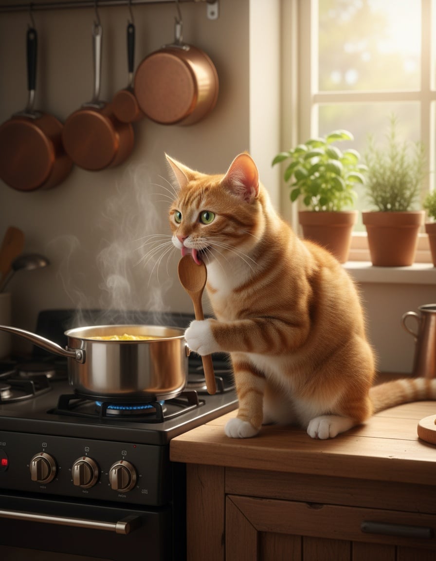 A ginger cat beside a stove licks a wooden spoon and raises a paw happily.