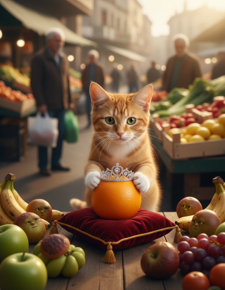 A ginger cat places a tiny tiara on a gleaming orange on a velvet cushion at a fruit market.