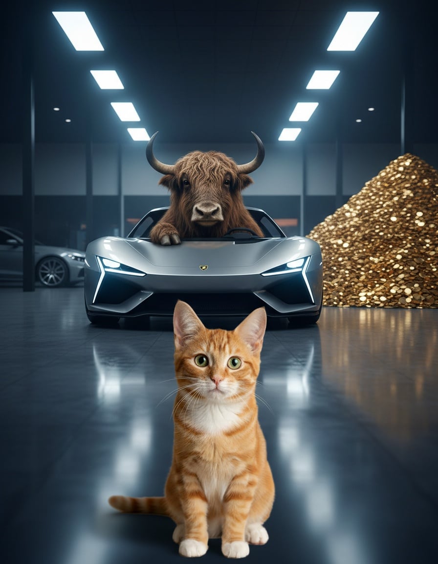 A shocked ginger cat stares at a yak driving a luxury car next to a huge pile of gold coins.