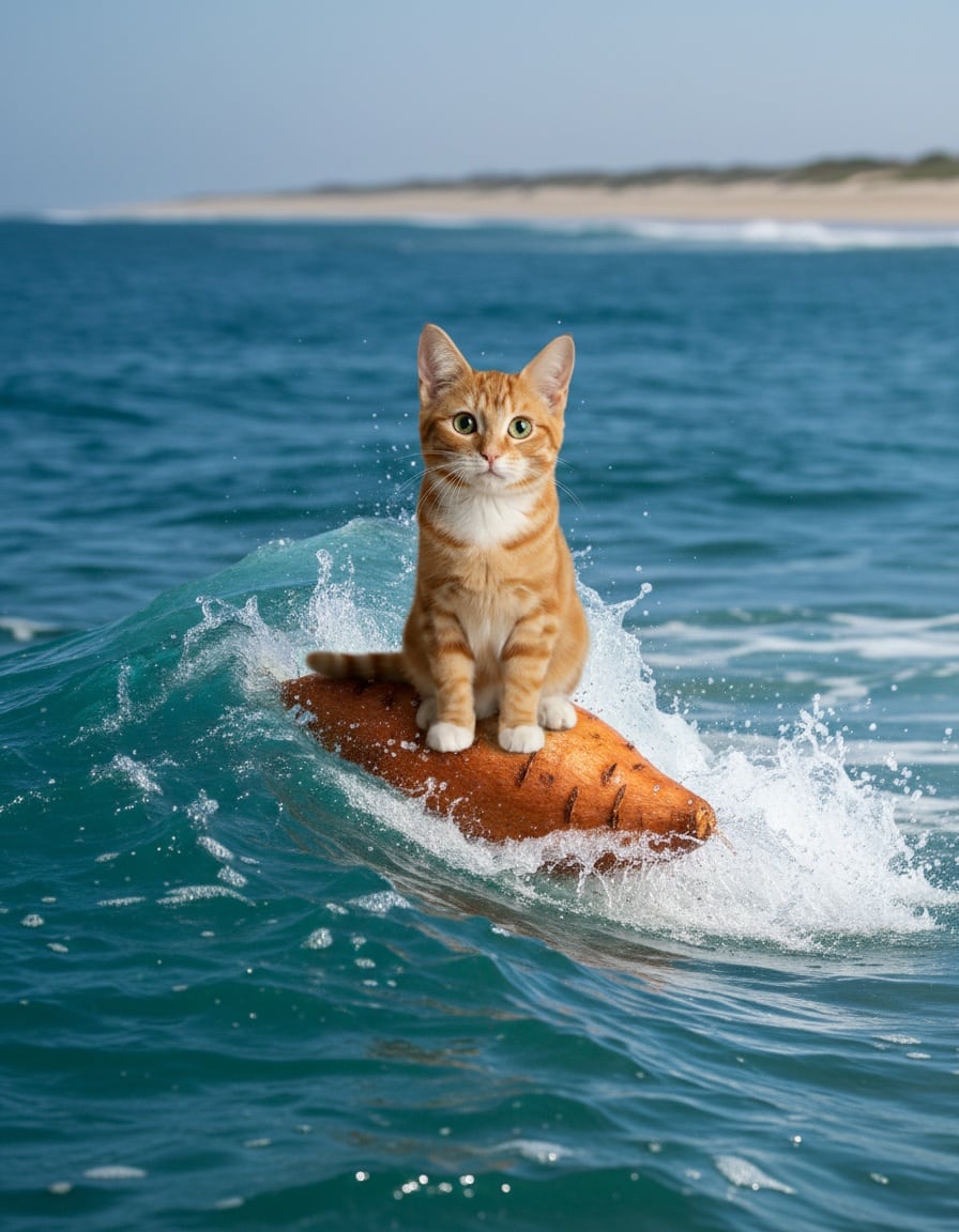 A ginger cat surfs a wave on the open sea standing on a giant yam.