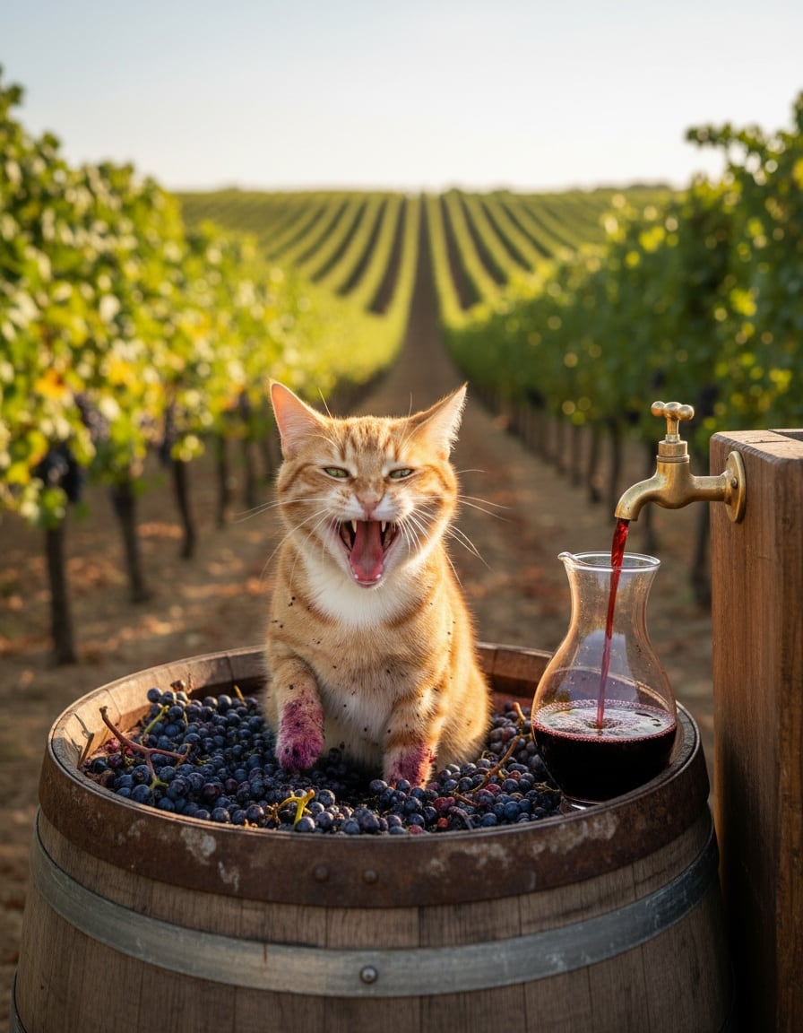 A ginger tabby cat yawns widely while standing in a barrel of crushed grapes being made into wine.