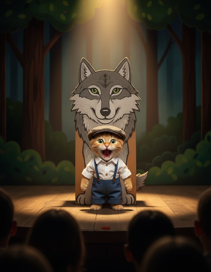 A ginger tabby cat dressed as a little boy in a cap and shorts shouts on a school stage beside a cardboard wolf.