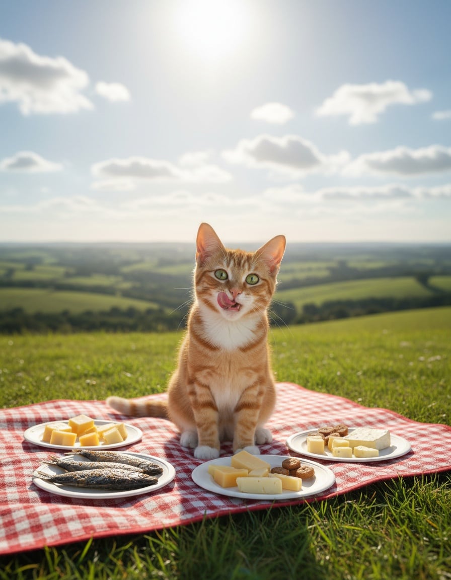 A blissful ginger cat enjoys a picnic on a sunny hilltop surrounded by food.