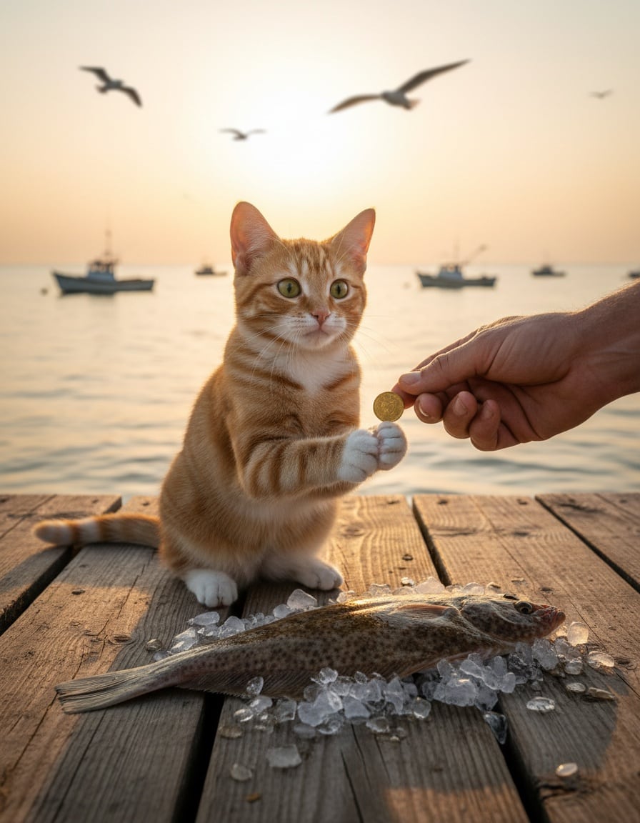 A happy ginger cat on a pier pays one small coin for a large flat fish.