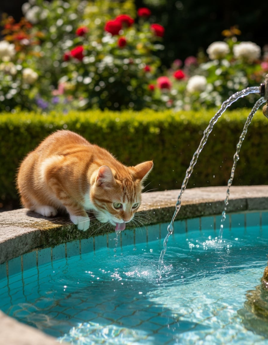 A ginger cat drinks water from a fountain with aqua tiles in a sunny garden.