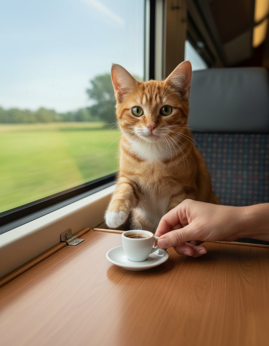 Pixa impatiently taps a train table as a hand serves him a small steaming espresso.
