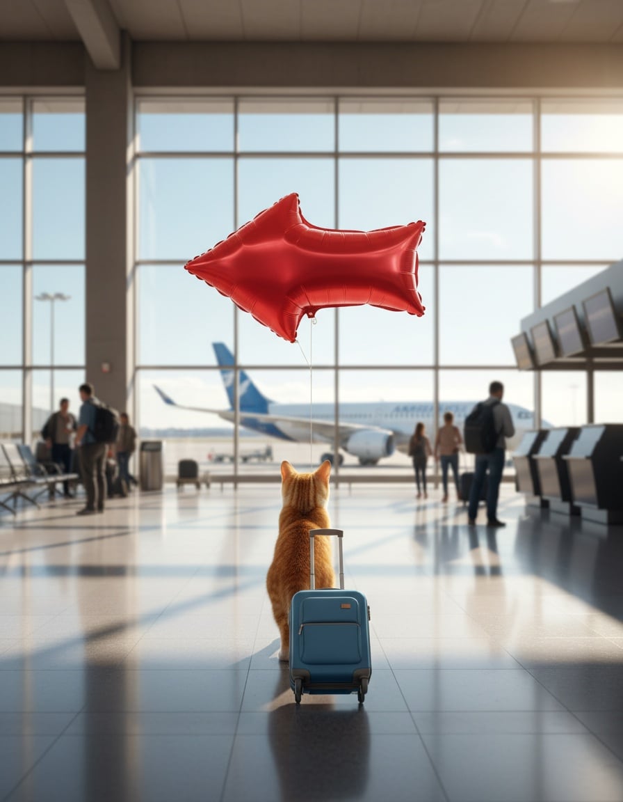 Pixa pulls a small suitcase through an airport, following a giant red arrow-shaped balloon toward a plane.
