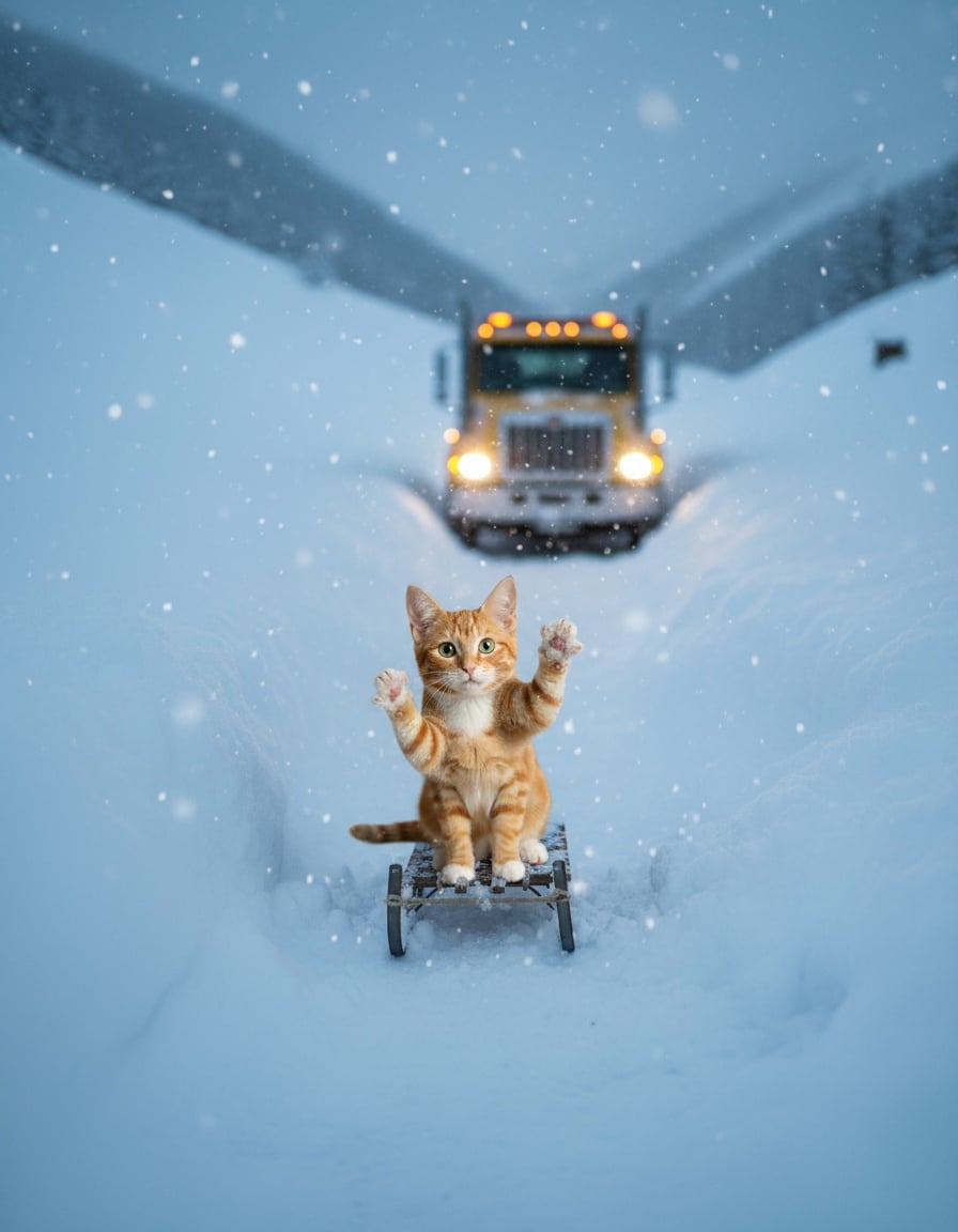 A ginger tabby cat stuck in a sled in deep snow waves for help at an approaching tow truck.