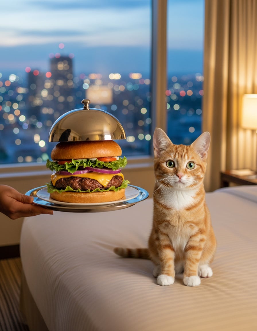 A ginger tabby cat on a hotel bed stares at a giant burger on a room-service trolley.