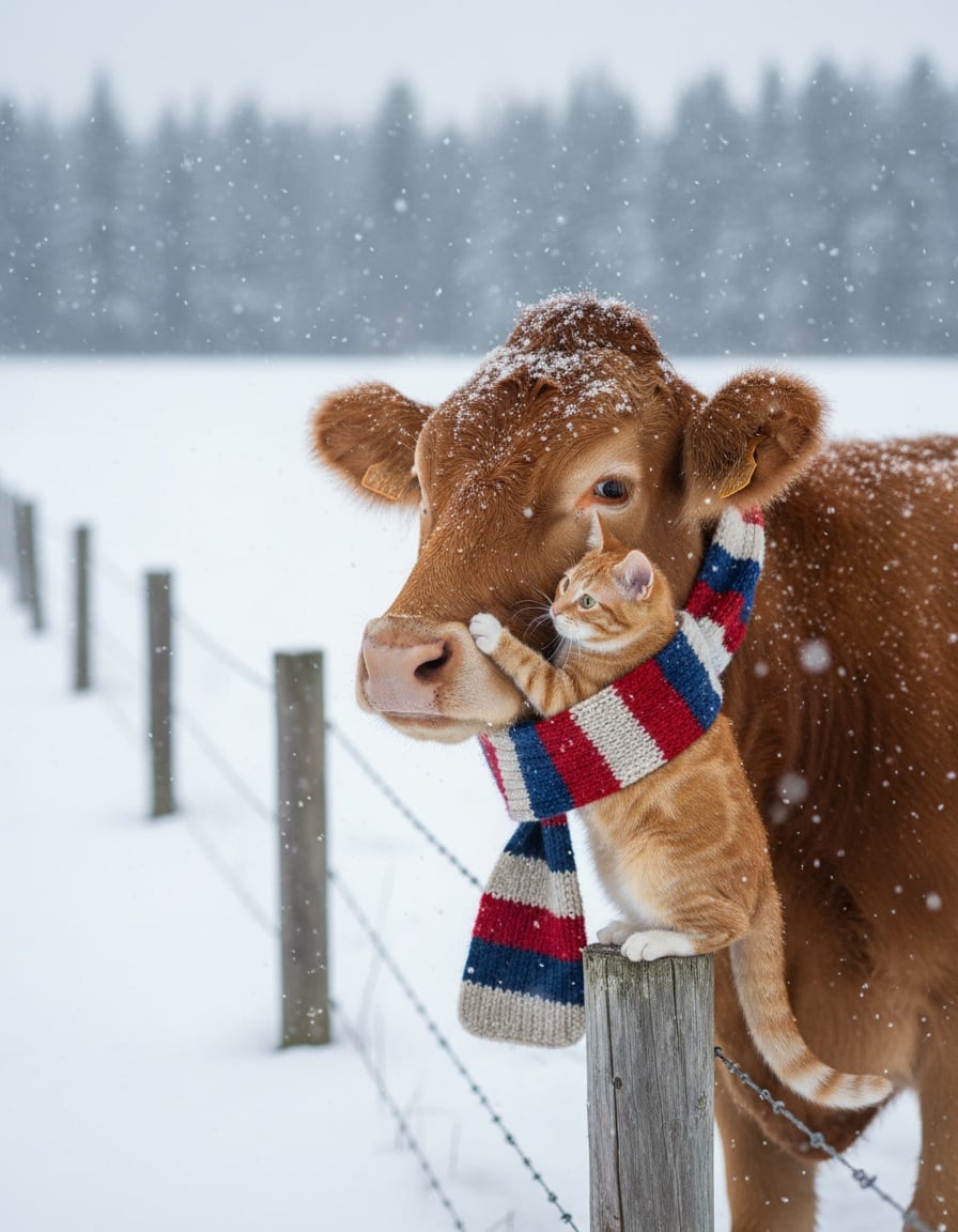 Pixa wraps a striped scarf around a gentle cow's neck in a snowy field.