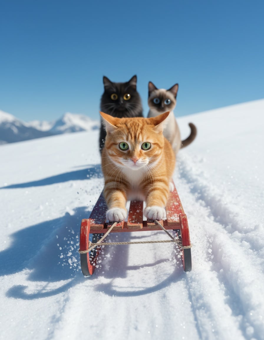 A ginger tabby cat pushes off down a steep snowy hill on a sled while two cats watch.