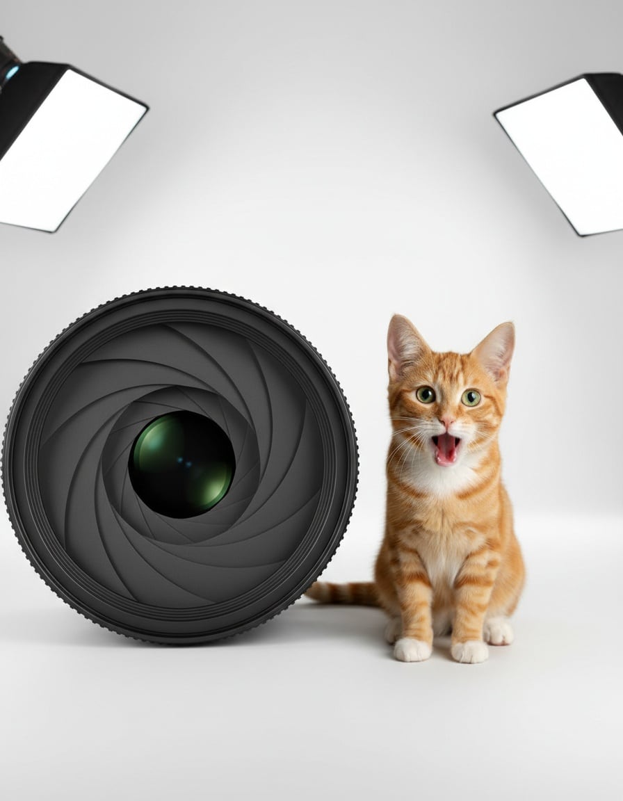 A ginger tabby cat with its mouth open sits next to a large camera lens with its aperture wide open.