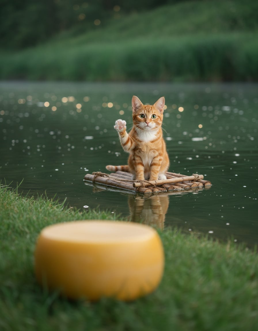A ginger cat on a raft waves goodbye to a big cheese wheel on a riverbank.