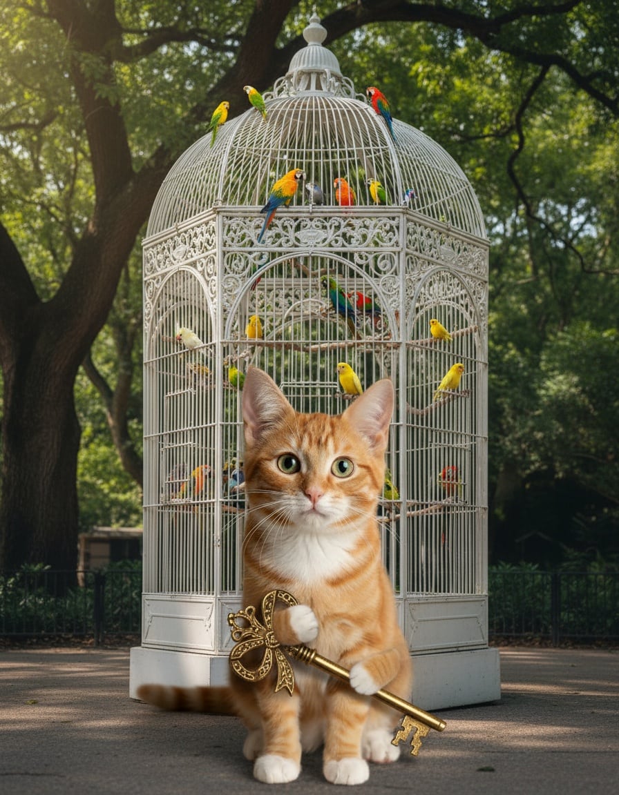 A ginger tabby cat holds a golden key in front of a large aviary full of colourful birds.