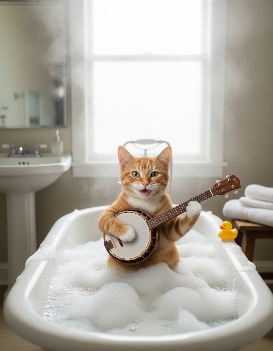 A ginger cat plays a banjo in a bubble-filled bathtub in a bathroom.